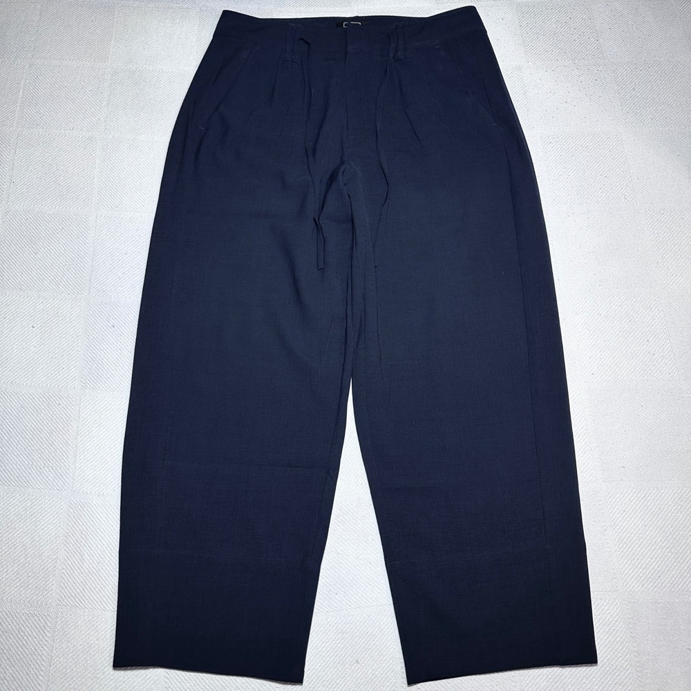 AYR Wide Barrel Leg Trousers Womens 8 Pleated Drawstring Pants High Rise Navy